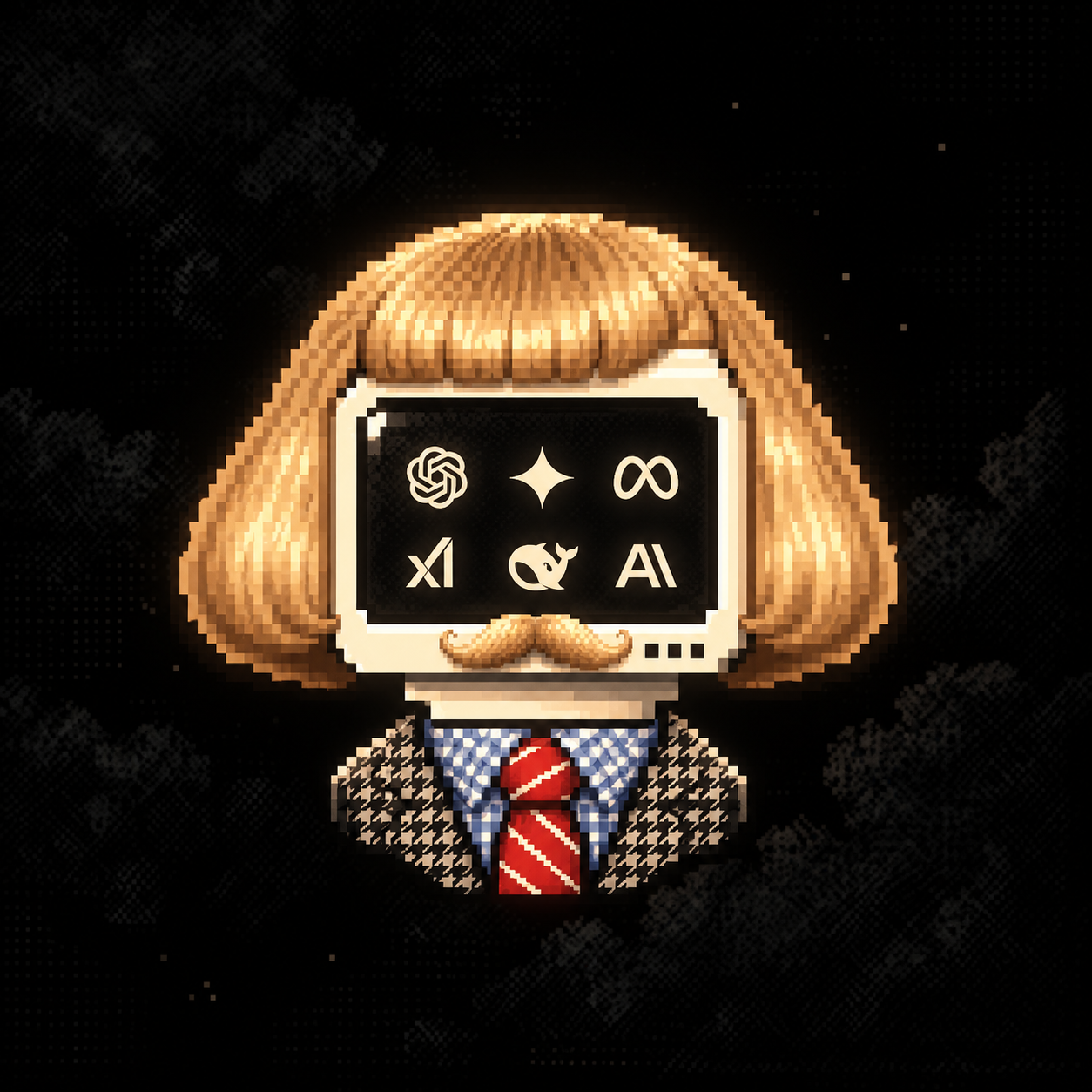 Jean: a pixel-art secret agent with a retro computer face, golden bob haircut, moustache, checked jacket and red tie